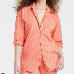 Women's A New Day Orange Striped Long Sleeve Button-Down Shirt